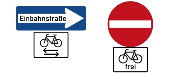 Verkehrszeichen Einbahnstraße mit Zusatz kreuzender Radverkehr und Verkehrszeichen Verbot de Einfahrt mit Zusatz Radverkehr frei
